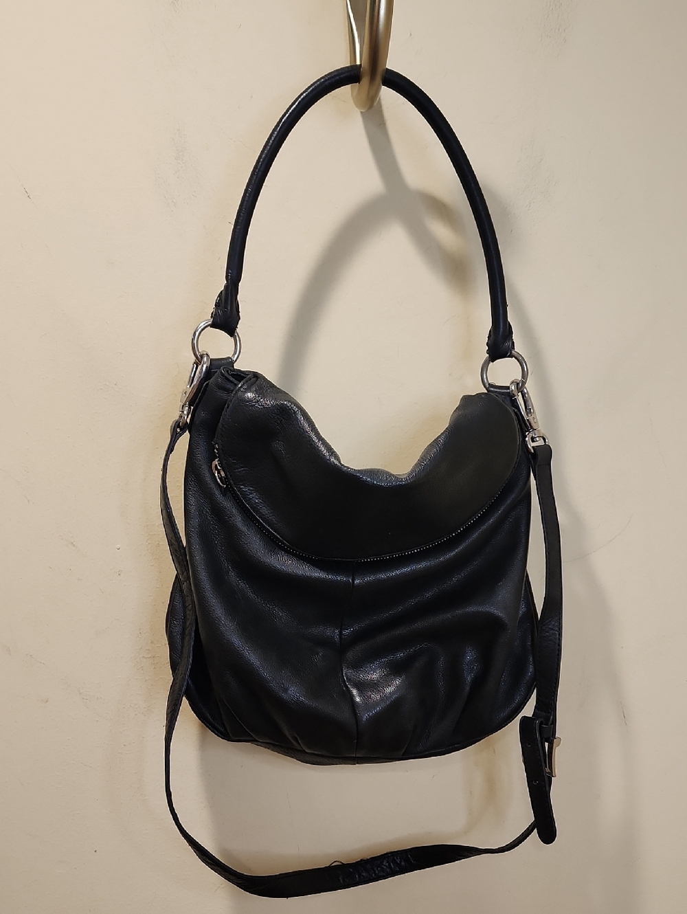 MARGOT Classic Black Leather Hobo Shoulder Bag With Long Strap
